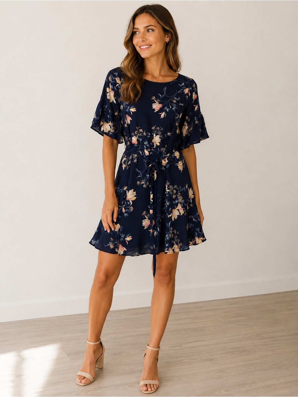 Verse Womens Navy Floral Tie-Front Short Dress Sz Small US made